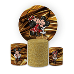 Kit Capa Painel Redondo + Trio Cilindros Decoração Aniversário Minnie e Mickey Dourado
