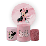 Kit Capa Painel Redondo + Trio Cilindros Decoração Aniversário Minnie Rosa