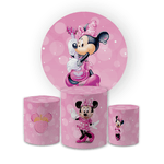 Kit Capa Painel Redondo + Trio Cilindros Decoração Aniversário Minnie Rosa