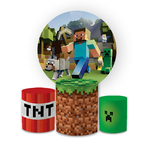 Kit Capa Painel Redondo + Trio Cilindros Decoração Aniversário Minecraft Desenho