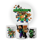 Kit Capa Painel Redondo + Trio Cilindros Decoração Aniversário Minecraft Desenho