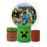 Kit Capa Painel Redondo + Trio Cilindros Decoração Aniversário Minecraft Desenho