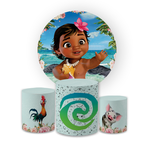 Kit Capa Painel Redondo + Trio Cilindros Decoração Aniversário Infantil Desenho Moana Baby 