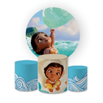 Kit Capa Painel Redondo + Trio Cilindros Decoração Aniversário Infantil Desenho Moana Baby