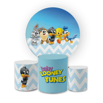 Kit Capa Painel Redondo + Trio Cilindros Decoração Aniversário Baby Looney Tunes Desenho