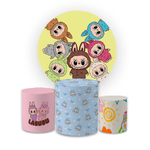 Kit Capa Painel Redondo + Trio Cilindros Decoração Aniversário Labubu Pelucia