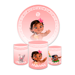 Kit Capa Painel Redondo + Trio Cilindros Decoração Aniversário Infantil Desenho Moana Baby