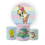 Kit Capa Painel Redondo + Trio Cilindros Decoração Aniversário Baby Looney Tunes Desenho