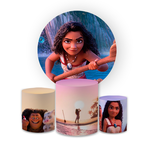 Kit Capa Painel Redondo + Trio Cilindros Decoração Aniversário Infantil Desenho Moana