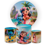 Kit Capa Painel Redondo + Trio Cilindros Decoração Aniversário Lilo & Stitch Desenho