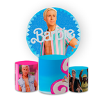 Kit Capa Painel Redondo + Trio Cilindros Decoração Aniversário Festa Infantil Barbie Ken 