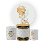 Kit Capa Painel Redondo + Trio Cilindros Decoração Espirito Santo Batizado Anjinho 