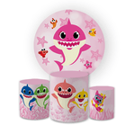 Kit Capa Painel Redondo + Trio Cilindros Decoração Aniversário Festa Infantil Baby Shark Menina 