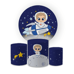 Kit Capa Painel Redondo + Trio Cilindros Decoração Aniversário Festa Infantil Astronauta Galáxia