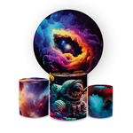 Kit Capa Painel Redondo + Trio Cilindros Decoração Aniversário Festa Infantil Astronauta Galáxia 