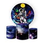 Kit Capa Painel Redondo + Trio Cilindros Decoração Aniversário Festa Infantil Astronauta Galáxia 