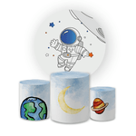 Kit Capa Painel Redondo + Trio Cilindros Decoração Aniversário Festa Infantil Astronauta Galáxia 