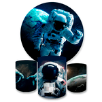 Kit Capa Painel Redondo + Trio Cilindros Decoração Aniversário Festa Infantil Astronauta Galáxia 