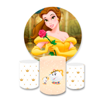 Kit Capa Painel Redondo + Trio Cilindros Decoração Festa Aniversário Infantil A Bela e a Fera 