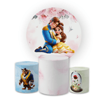 Kit Capa Painel Redondo + Trio Cilindros Decoração Festa Aniversário Infantil A Bela e a Fera 