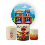 Kit Capa Painel Redondo + Trio Cilindros Decoração Festa Aniversário Infantil Bombeiro