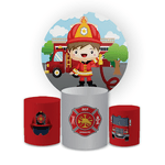 Kit Capa Painel Redondo + Trio Cilindros Decoração Festa Aniversário Infantil Bombeiro 