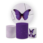 Kit Capa Painel Redondo + Trio Cilindros Decoração Festa Aniversário Borboletas Roxas 