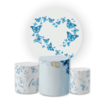 Kit Capa Painel Redondo + Trio Cilindros Decoração Festa Aniversário Borboletas Azul 