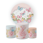 Kit Capa Painel Redondo + Trio Cilindros Decoração Festa Aniversário Jardim das Borboletas