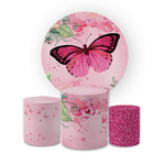 Kit Capa Painel Redondo + Trio Cilindros Decoração Festa Aniversário Borboletas Rosas 