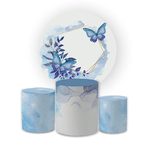 Kit Capa Painel Redondo + Trio Cilindros Decoração Festa Aniversário Borboletas Azul 