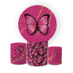 Kit Capa Painel Redondo + Trio Cilindros Decoração Festa Aniversário Borboletas Rosas