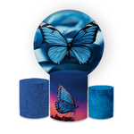 Kit Capa Painel Redondo + Trio Cilindros Decoração Festa Aniversário Borboletas Azul 