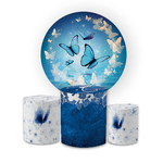 Kit Capa Painel Redondo + Trio Cilindros Decoração Festa Aniversário Borboletas Azul 