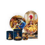 Kit Capa Painel Redondo + Trio Cilindros Decoração Festa BELA E A FERA