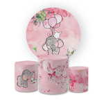 Kit Capa Painel Redondo + Trio Cilindros Decoração Festa Aniversário Infantil Elefantinho Rosa Menina