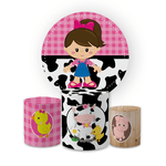 Kit Capa Painel Redondo + Trio Cilindros Decoração Festa Aniversário Infantil Fazendinha Rosa Menina