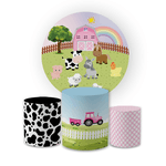 Kit Capa Painel Redondo + Trio Cilindros Decoração Festa Aniversário Infantil Fazendinha Rosa Menina 