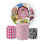 Kit Capa Painel Redondo + Trio Cilindros Decoração Festa Aniversário Infantil Fazendinha Rosa Menina 