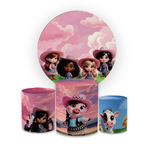 Kit Capa Painel Redondo + Trio Cilindros Decoração Festa Aniversário Infantil Fazendinha Rosa Menina 