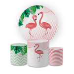 Kit Capa Painel Redondo + Trio Cilindros Decoração Festa Infantil Flamingo 
