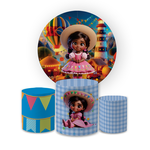 Kit Capa Painel Redondo + Trio Cilindros Decoração Festa Junina Menina