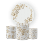 Kit Capa Painel Redondo + Trio Cilindros Decoração Festa Aniversário Floral Rosas Geométrico Dourado