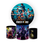 Kit Capa Painel Redondo + Trio Cilindros Decoração Festa Aniversário Jogo Free Fire 