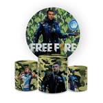 Kit Capa Painel Redondo + Trio Cilindros Decoração Festa Aniversário Jogo Free Fire 