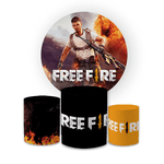 Kit Capa Painel Redondo + Trio Cilindros Decoração Festa Aniversário Jogo Free Fire 