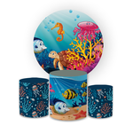 Kit Capa Painel Redondo + Trio Cilindros Decoração Festa Aniversário Infantil Fundo do Mar 