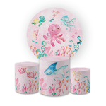 Kit Capa Painel Redondo + Trio Cilindros Decoração Festa Aniversário Infantil Fundo do Mar Menina Sereia 