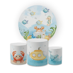 Kit Capa Painel Redondo + Trio Cilindros Decoração Festa Aniversário Infantil Fundo do Mar 