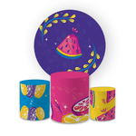 Kit Capa Painel Redondo + Trio Cilindros Decoração Festa Aniversário Infantil Frutinhas Quitanda 